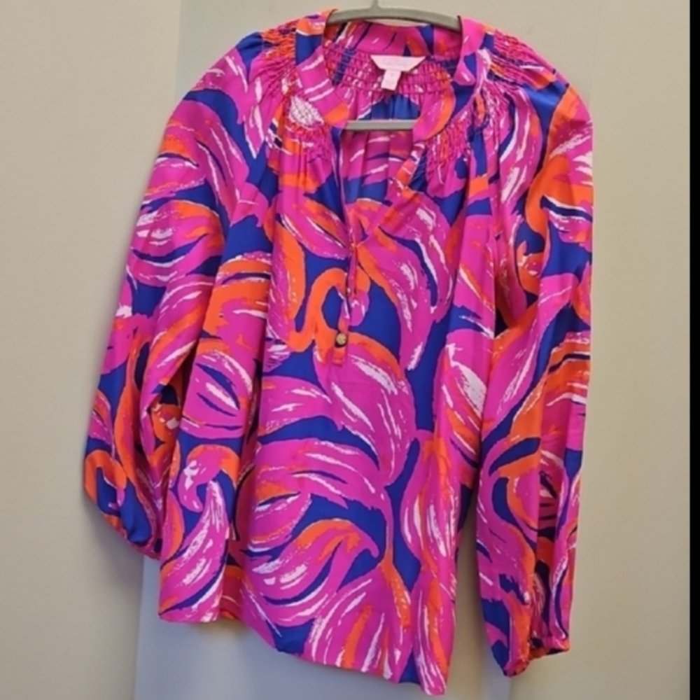 Lilly Pulitzer ELSA SILK Vibrant Pink/Orange&Blue Top